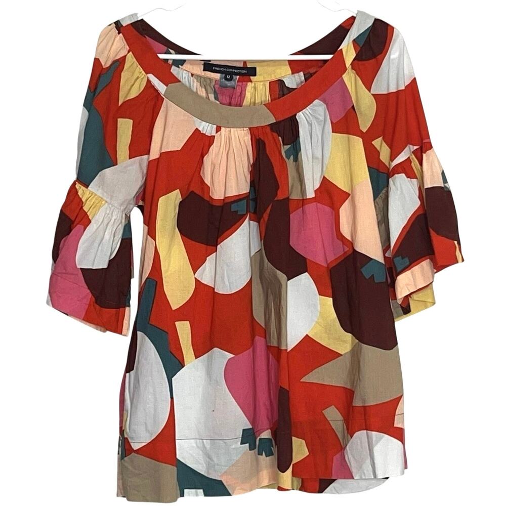 French Connection Top Size 12 Colorful Abstract Flowy Flutter Sleeve Blouse Art